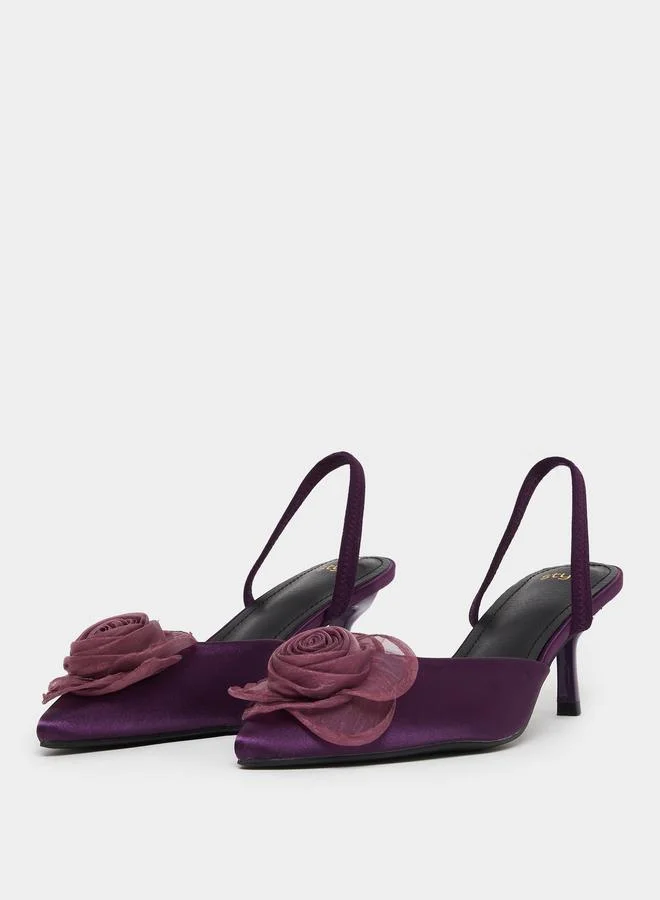 Styli Purple Satin Slingback Shoes with Floral Detail